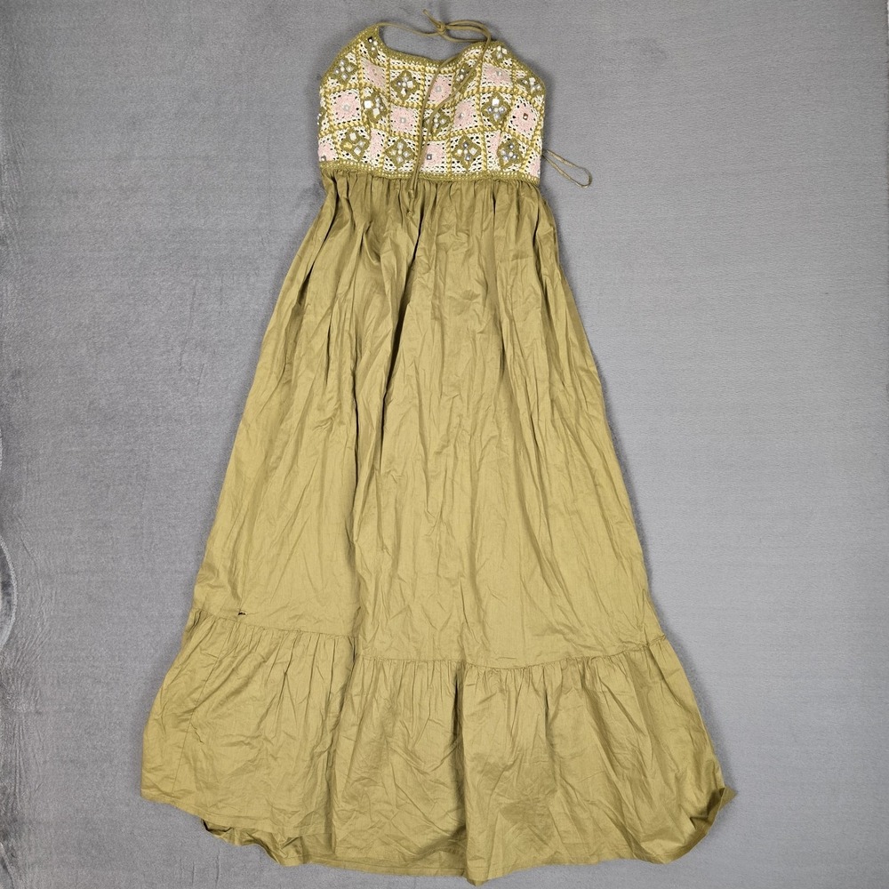 Zara Mixed Beaded Crochet Lace Halter Maxi Dress Womens Small Olive Boho *READ